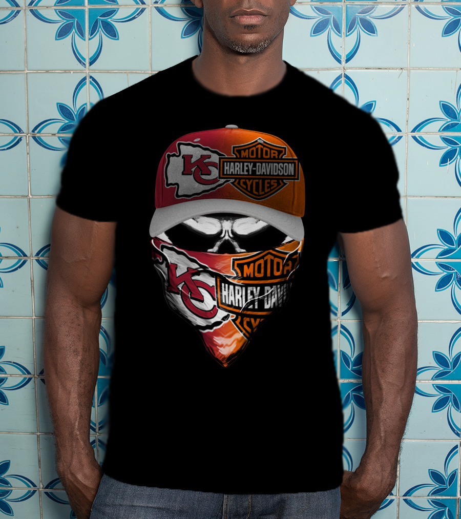 Kansas City Chiefs Harley Davidson Motorcycles Skull Mask And Cap T-Shirt