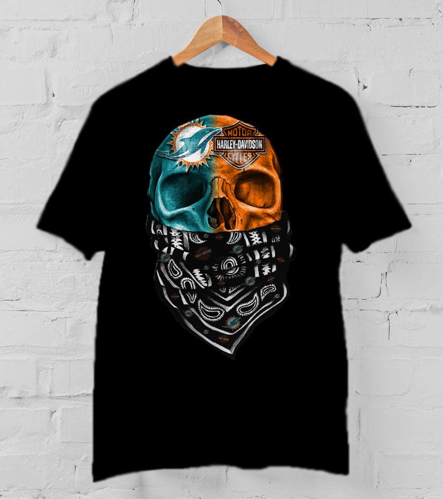 Miami Dolphins Harley Davidson Motorcycles Bandana Skull T-Shirt
