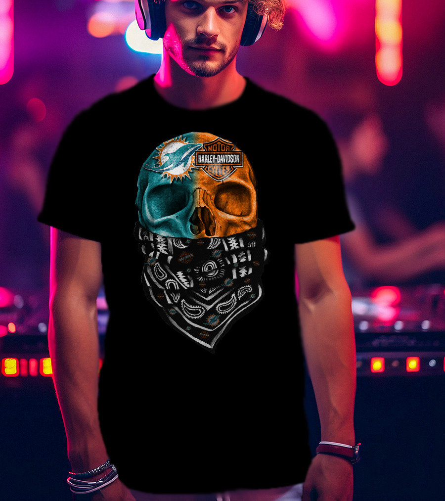 Miami Dolphins Harley Davidson Motorcycles Bandana Skull T-Shirt