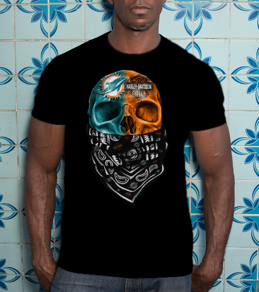 Miami Dolphins Harley Davidson Motorcycles Bandana Skull T-Shirt