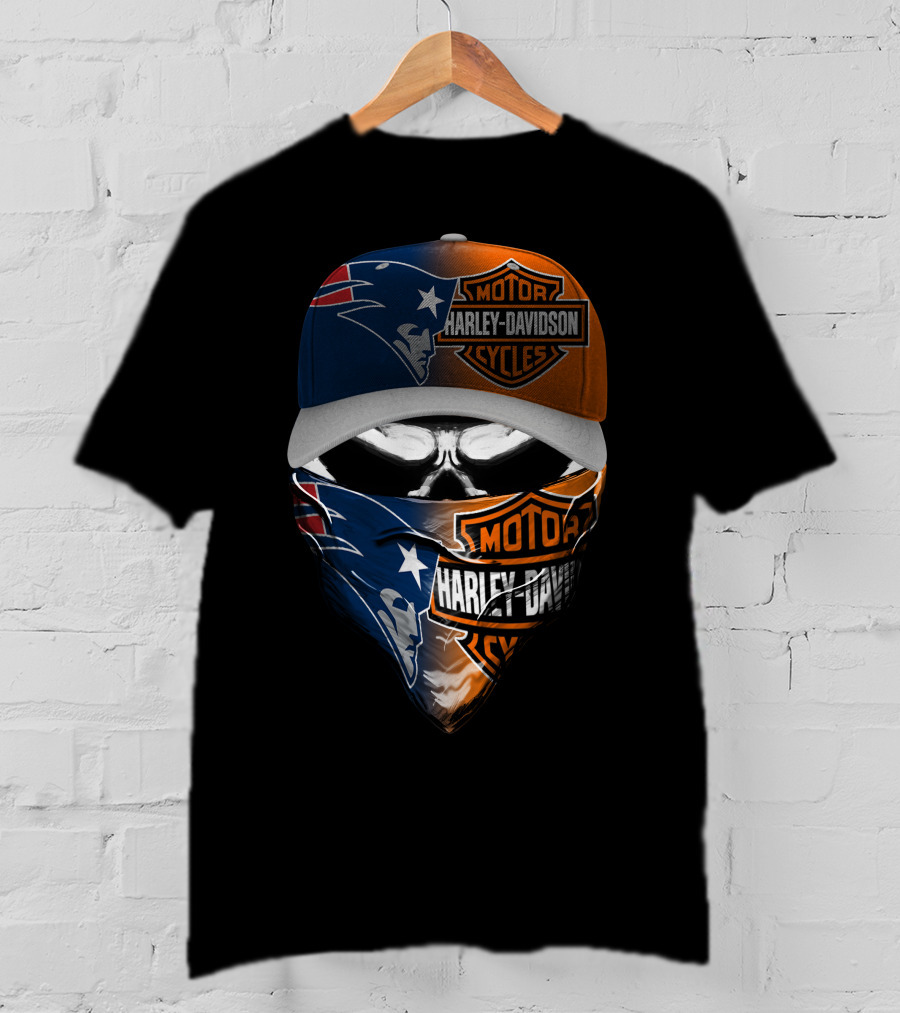 Harley Davidson Motorcycles New England Patriots Skull Bandana Cap T-Shirt