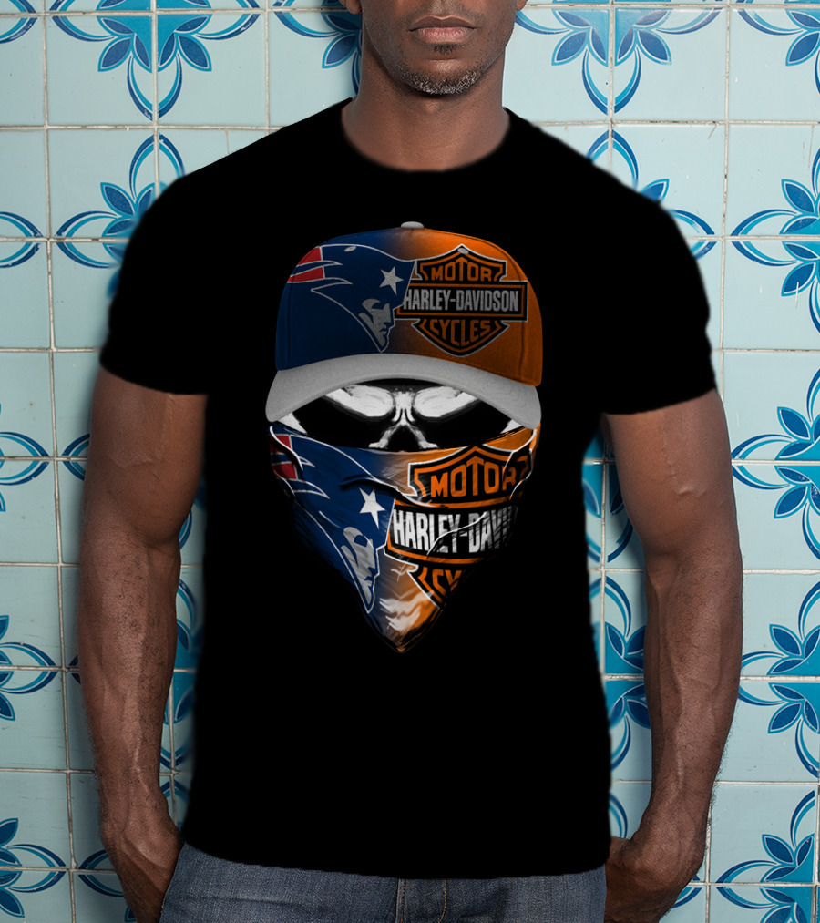Harley Davidson Motorcycles New England Patriots Skull Bandana Cap T-Shirt