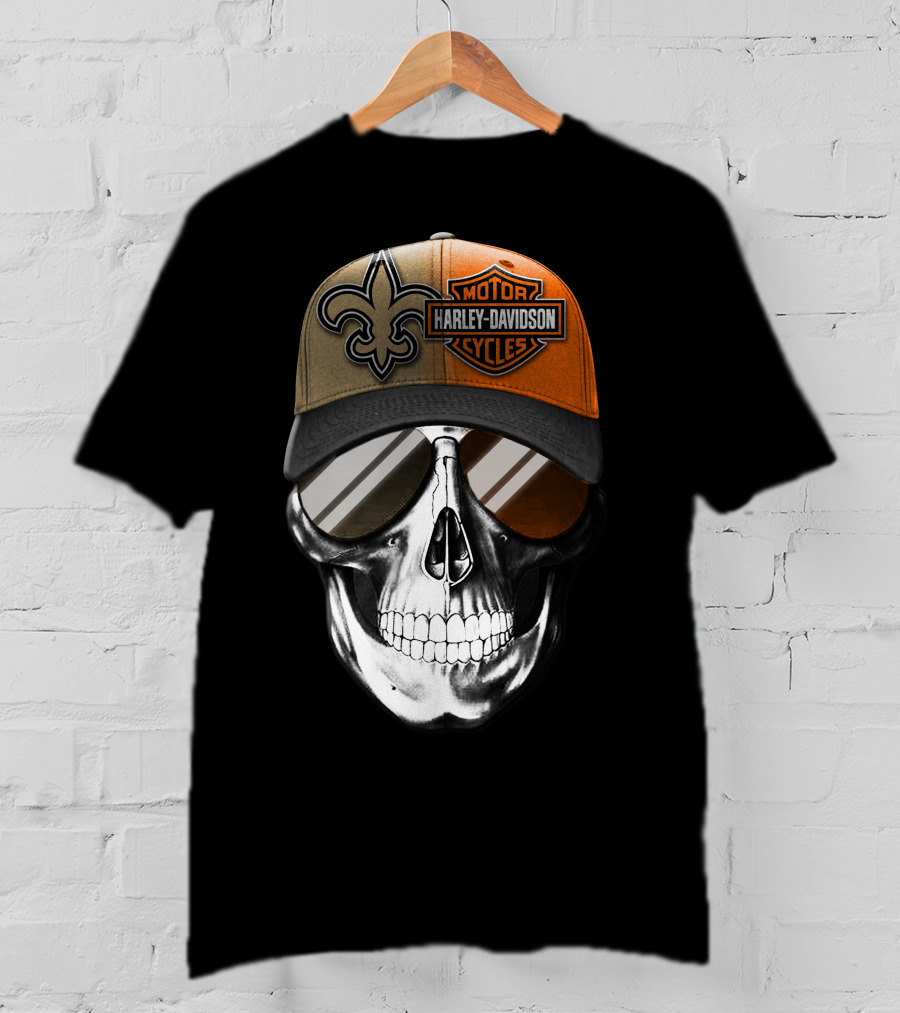 New Orleans Saints Harley Davidson Skull Hat T-Shirt