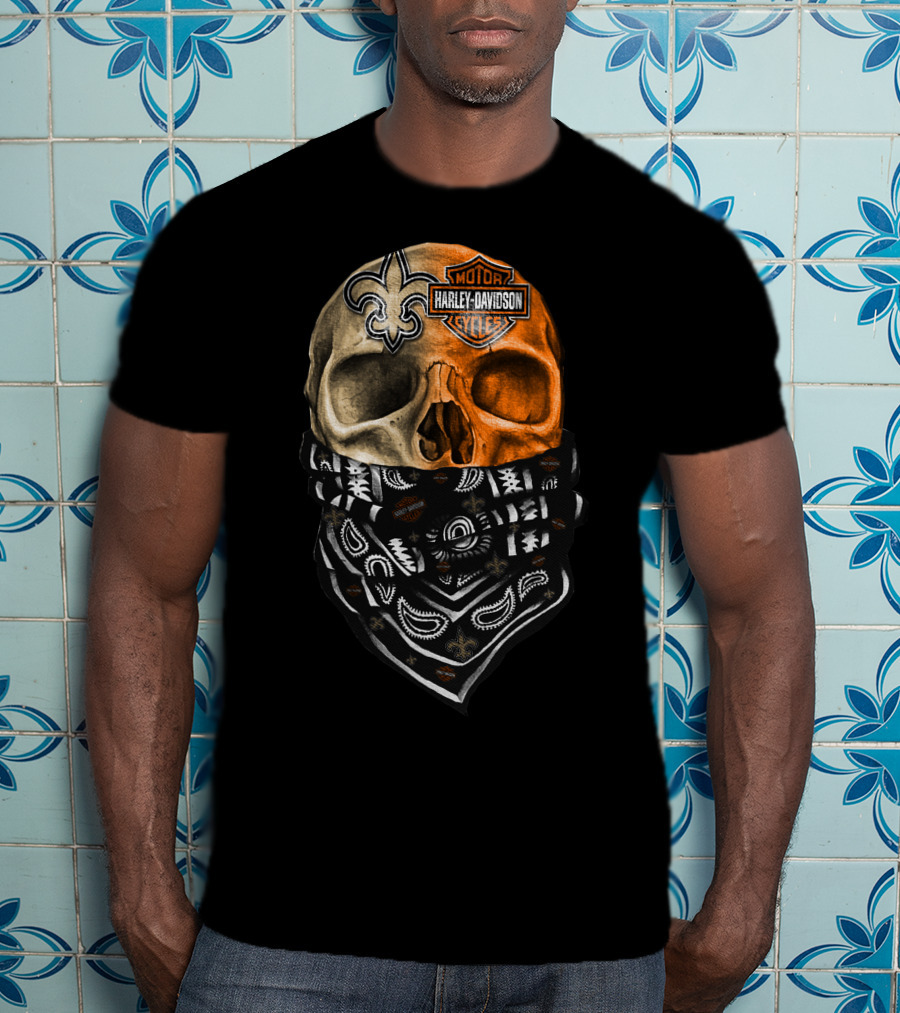 Harley Davidson Skull With Bandana And Fleur-De-Lis Symbol T-Shirt
