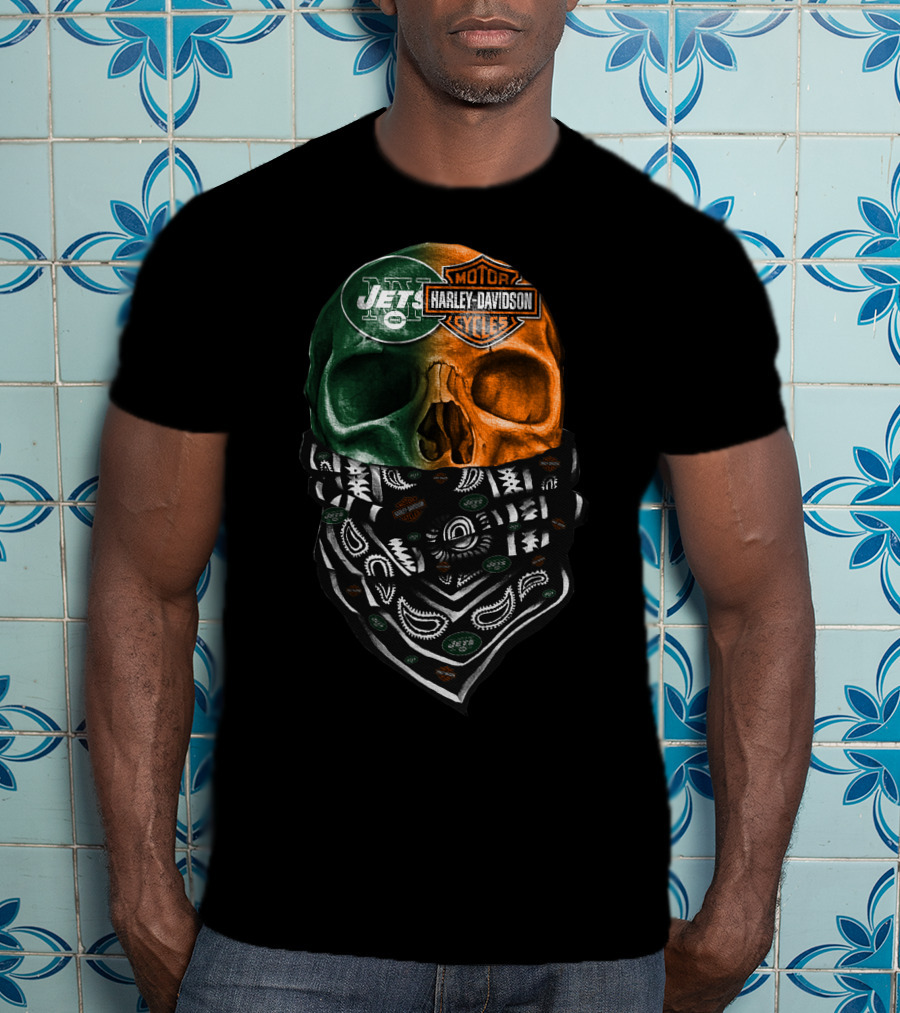 New York Jets Harley Davidson Green Orange Skull Bandana T-Shirt