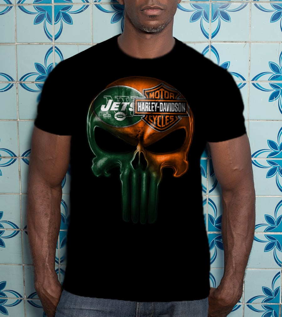 New York Jets Harley Davidson Skull T-Shirt