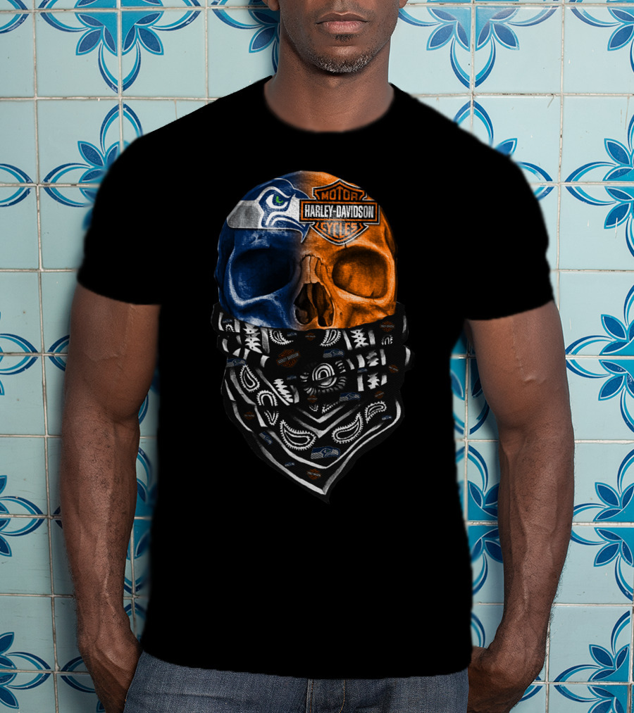 Seattle Seahawks Harley Davidson Skull Bandana T-Shirt