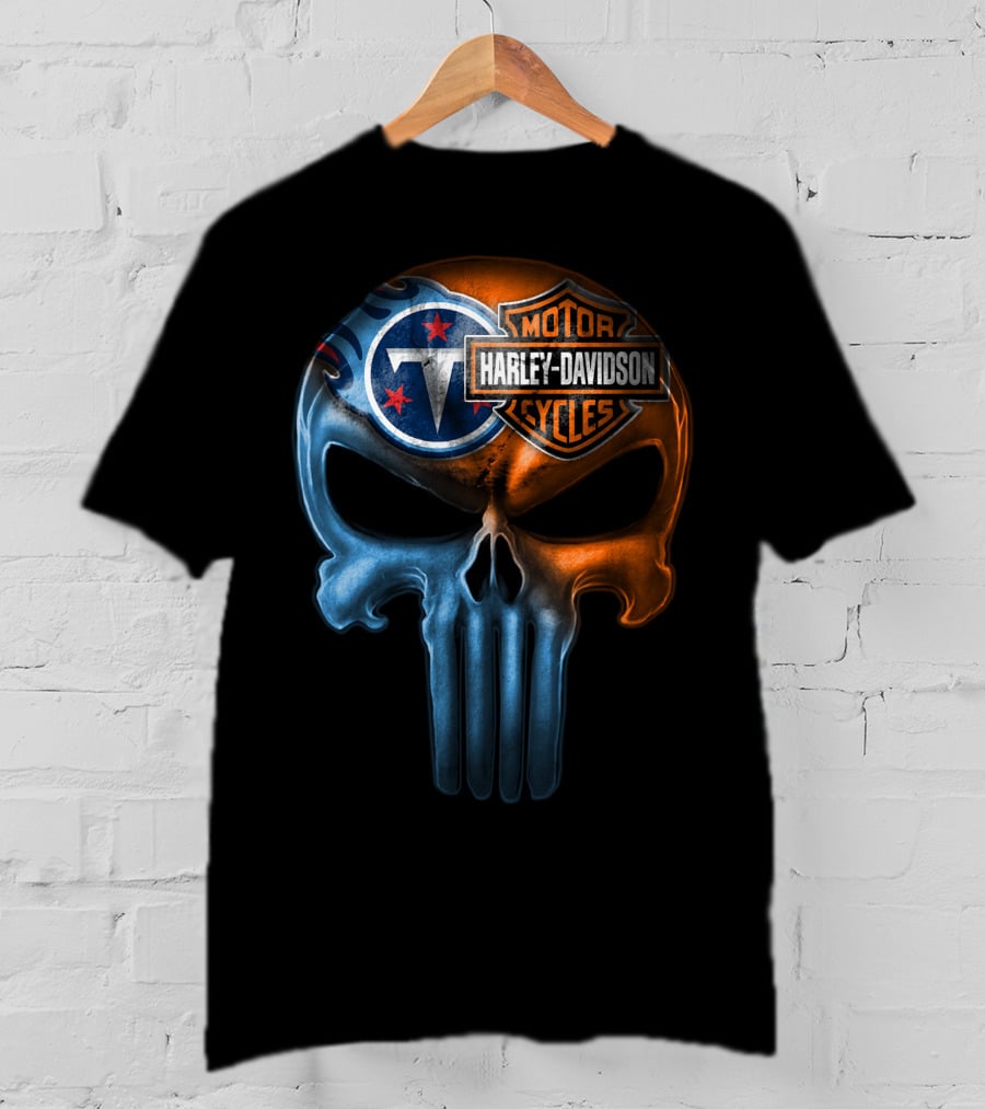 Harley Davidson Motorcycles And Tennessee Titans Logo Skull T-Shirt