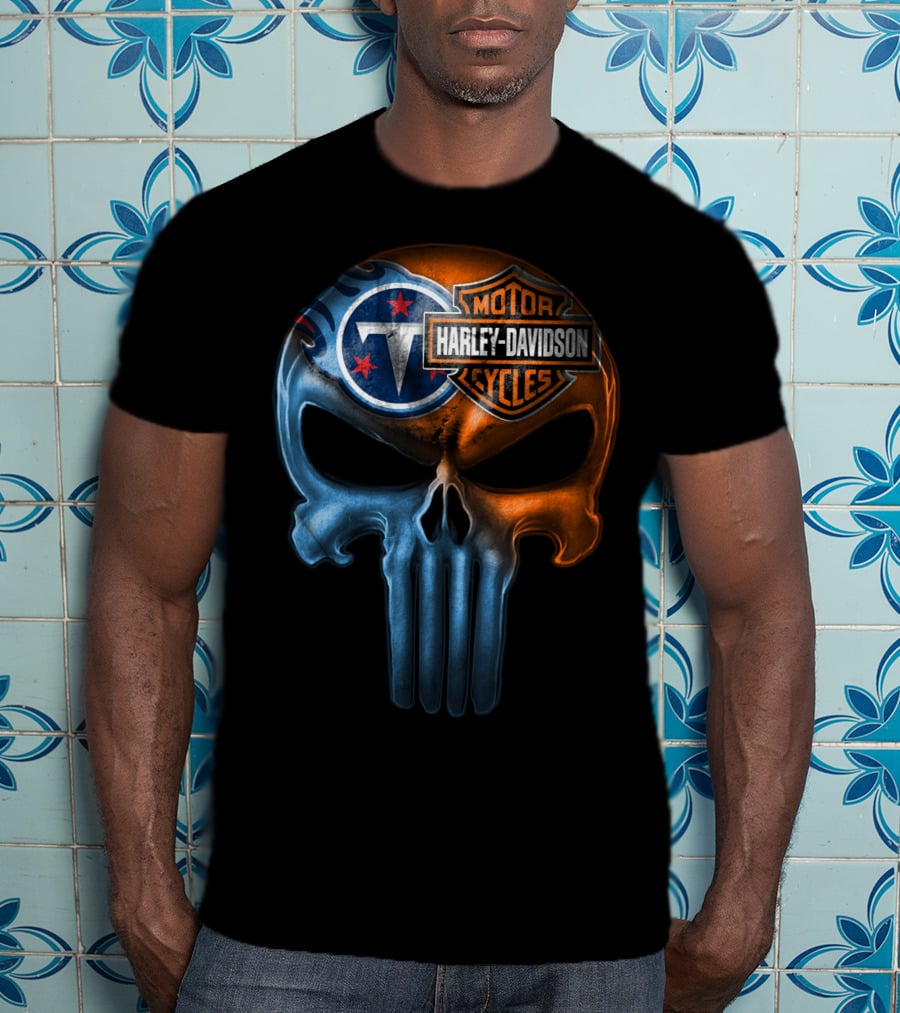 Harley Davidson Motorcycles And Tennessee Titans Logo Skull T-Shirt
