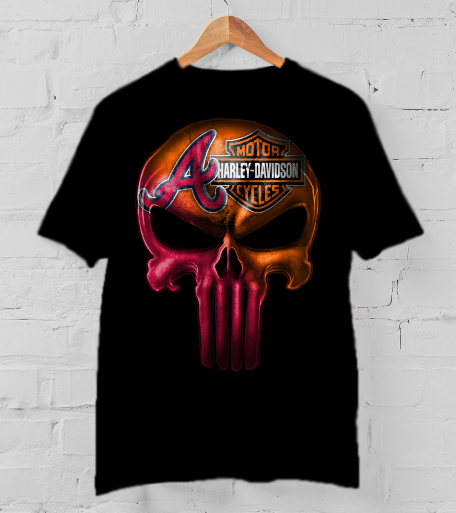 Atlanta Braves Punisher Skull Harley Davidson Motorcycles T-Shirt