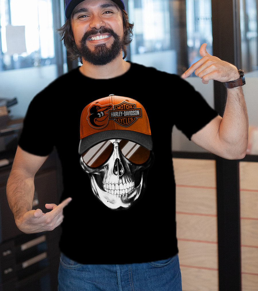 Harley Davidson Motorcycles Orioles Skull Cap T-Shirt