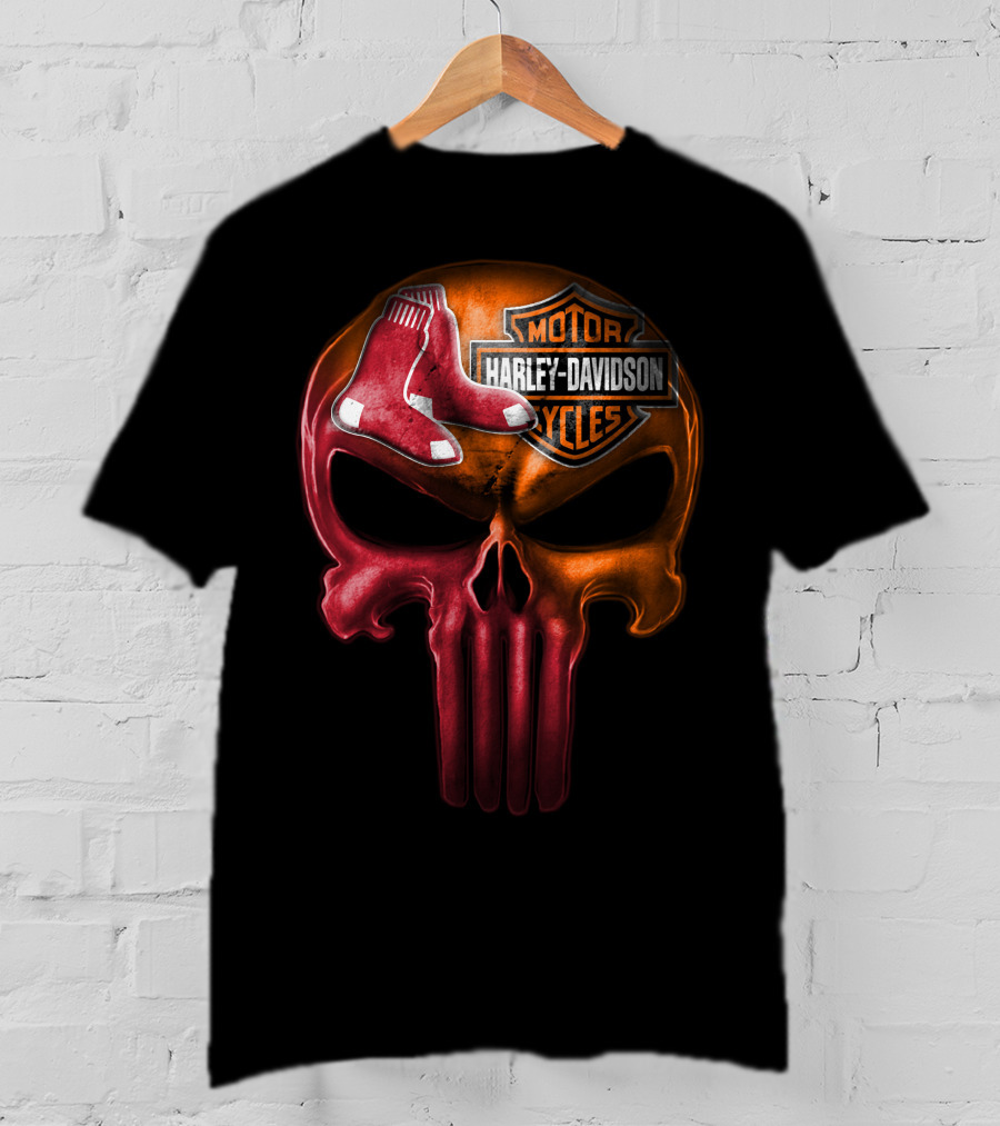 Harley Davidson Motorcycles Red Sox Logo Skull T-Shirt