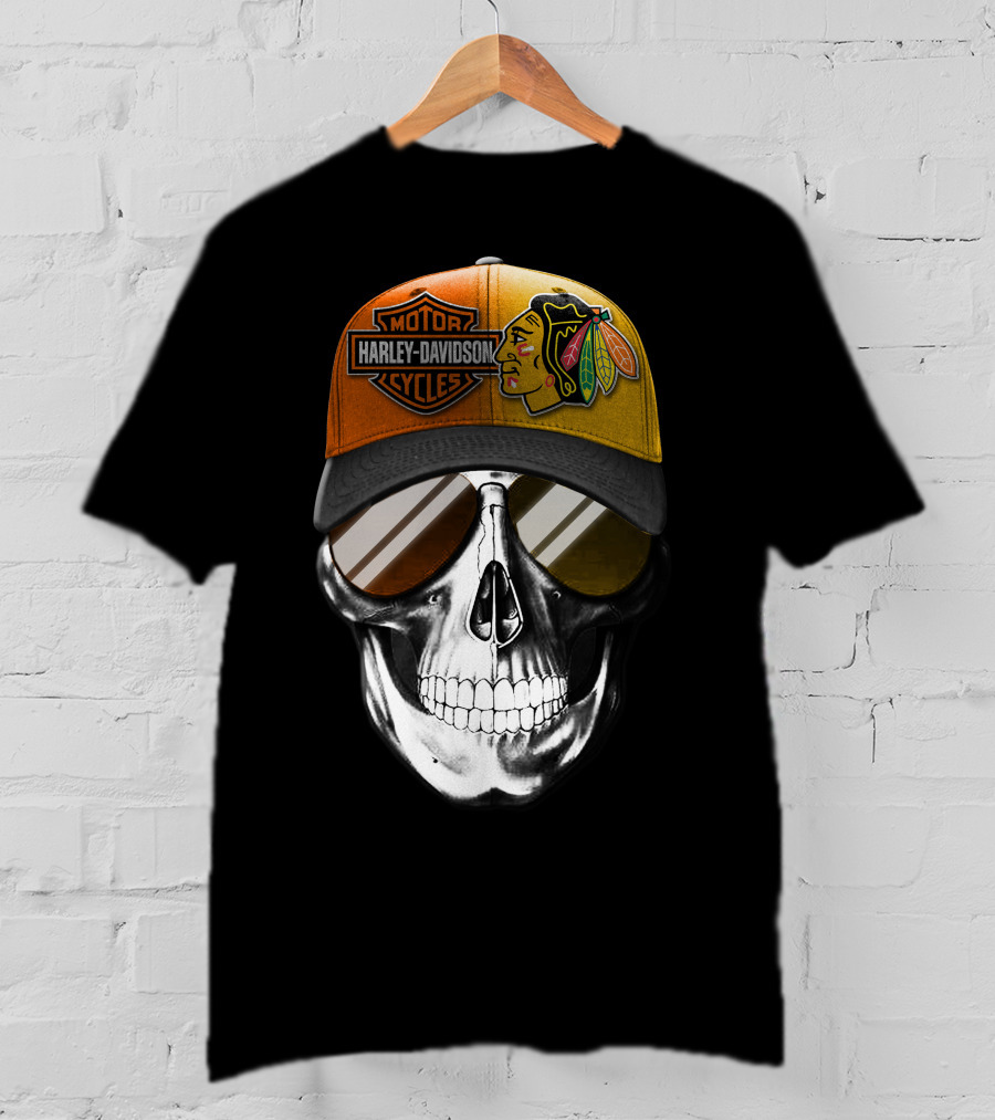 Harley Davidson Chicago Blackhawks Skull Cap T-Shirt