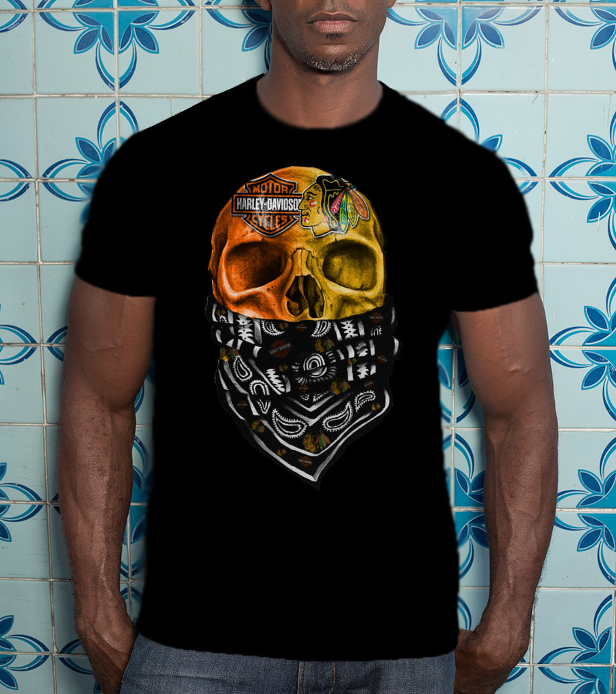 Harley Davidson Motorcycles Skull With Blackhawks Bandana T-Shirt
