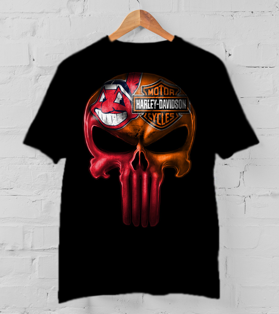 Harley Davidson Skull With Cleveland Indians Chief Wahoo Crossbones T-Shirt