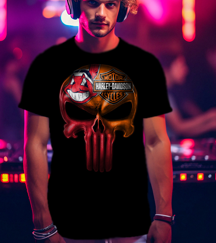 Harley Davidson Skull With Cleveland Indians Chief Wahoo Crossbones T-Shirt