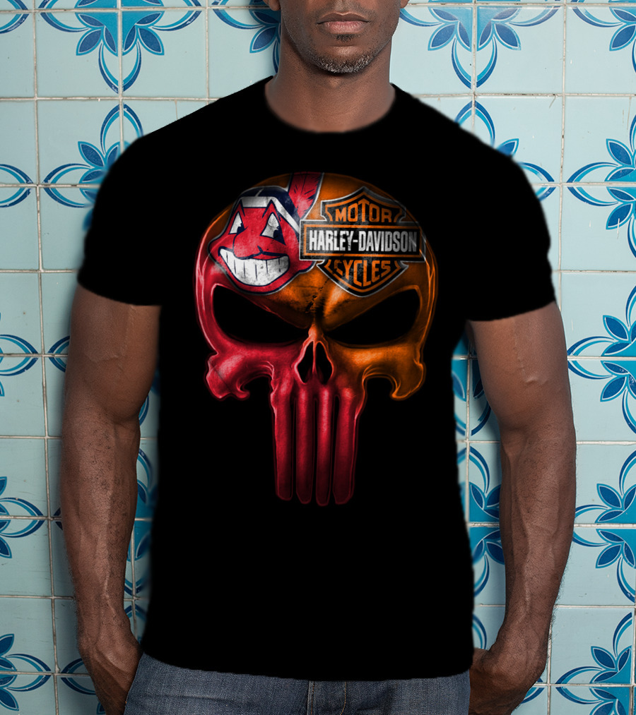 Harley Davidson Skull With Cleveland Indians Chief Wahoo Crossbones T-Shirt