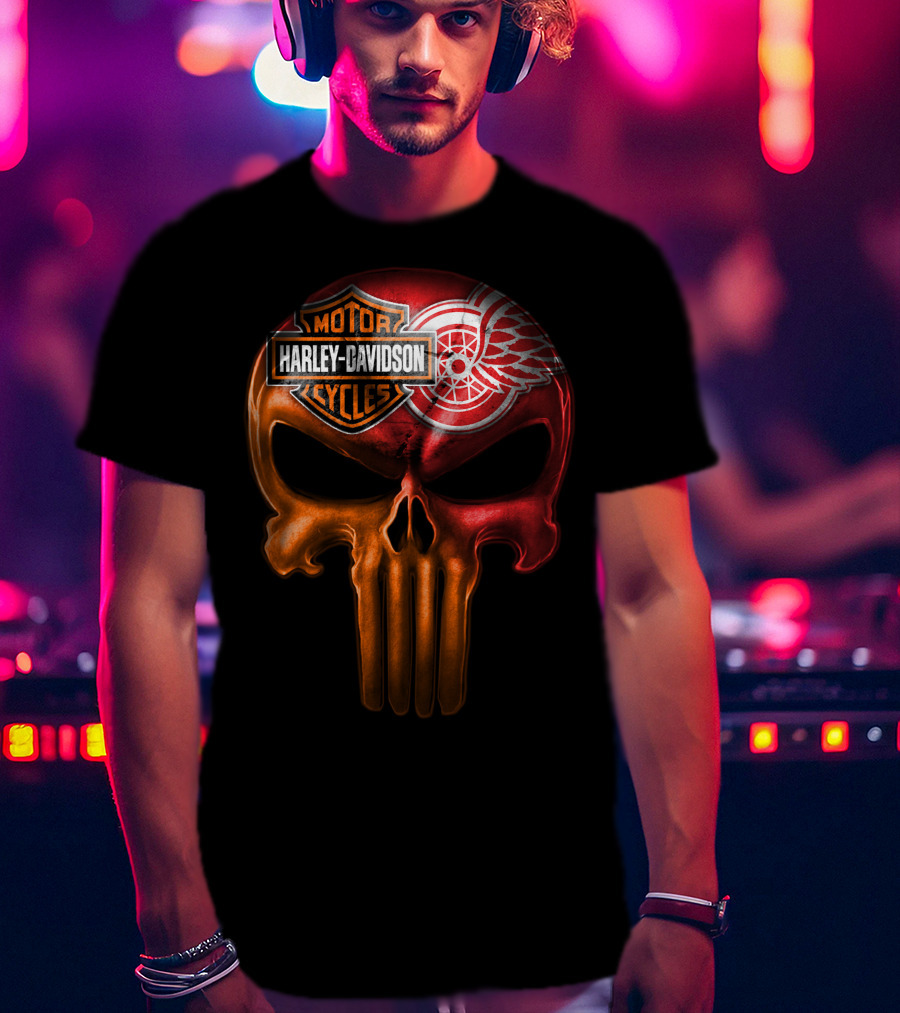 Harley Davidson Motorcycles Detroit Red Wings Punisher Skull T-Shirt