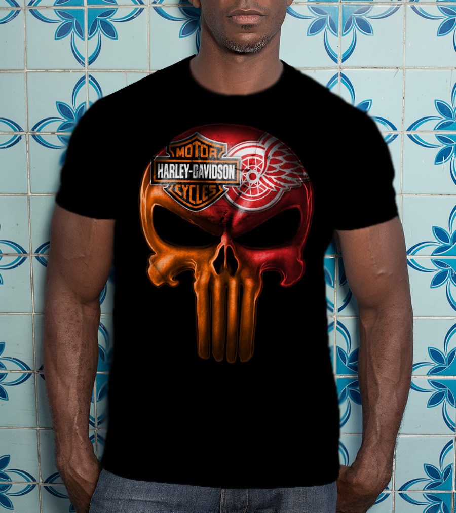 Harley Davidson Motorcycles Detroit Red Wings Punisher Skull T-Shirt