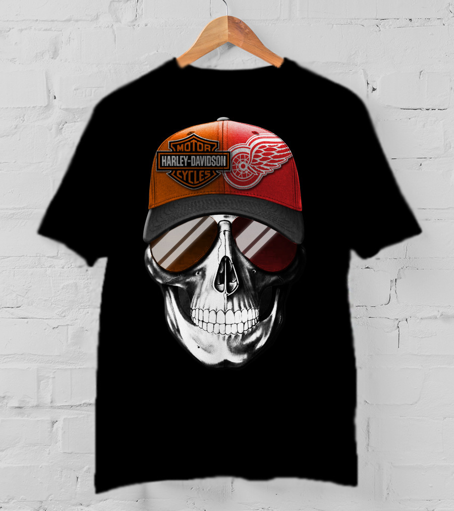 Harley Davidson Motor Cycles Red Wings Skull Cap T-Shirt