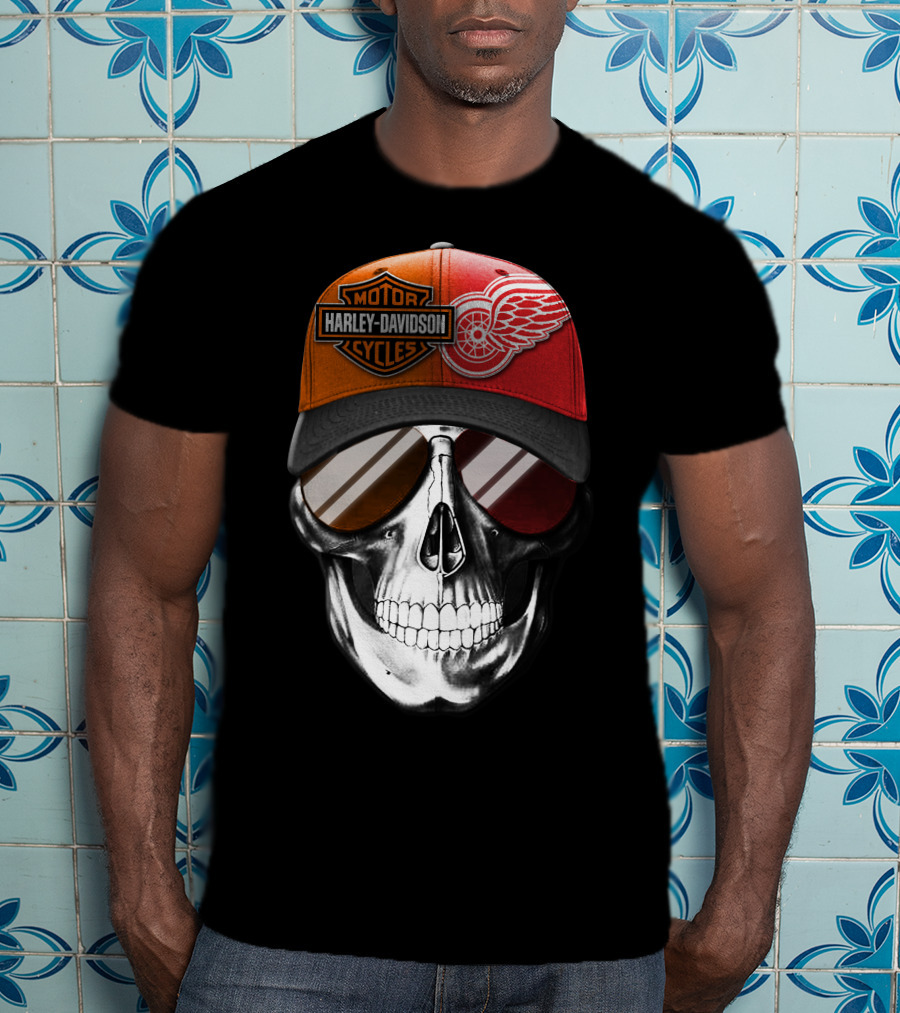 Harley Davidson Motor Cycles Red Wings Skull Cap T-Shirt
