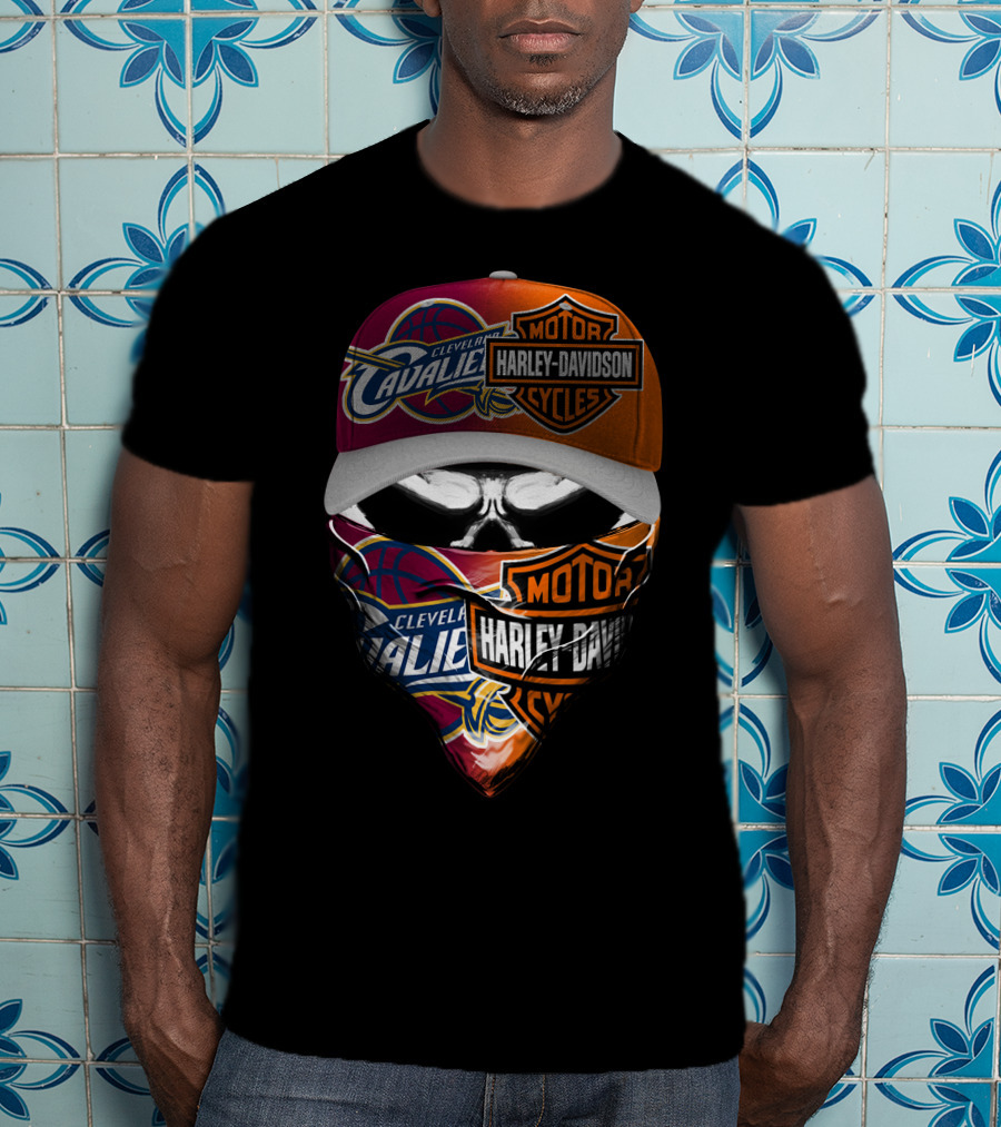Cleveland Cavaliers Harley Davidson Cyclist Skull Face Mask And Cap T-Shirt