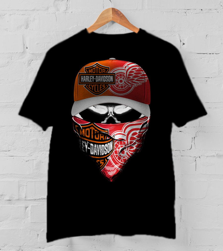 Harley Davidson Detroit Red Wings Bandana Hat Skull T-Shirt