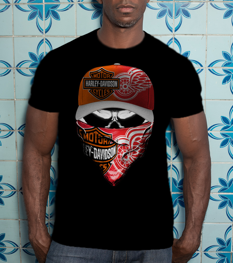 Harley Davidson Detroit Red Wings Bandana Hat Skull T-Shirt