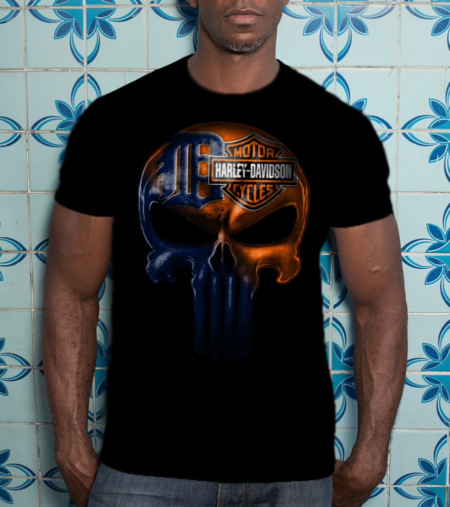 Harley Davidson Motorcycles Skull With Detroit Tigers T-Shirt