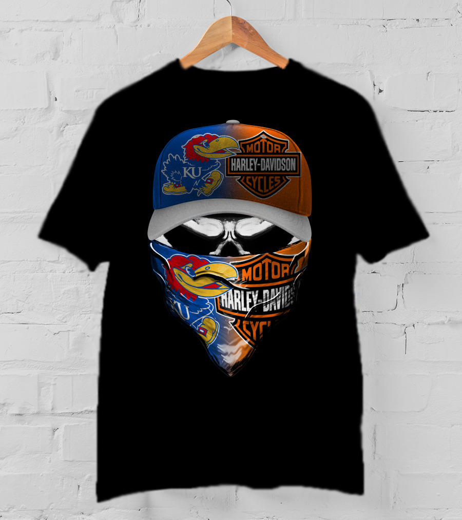 Ku Jayhawks Harley Davidson Skull Motorcycle Fan Gear T-Shirt