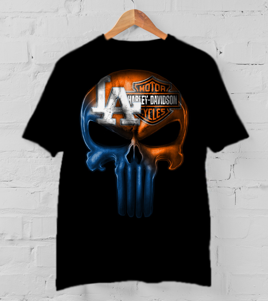 Los Angeles Dodgers Harley Davidson Biker Skull T-Shirt
