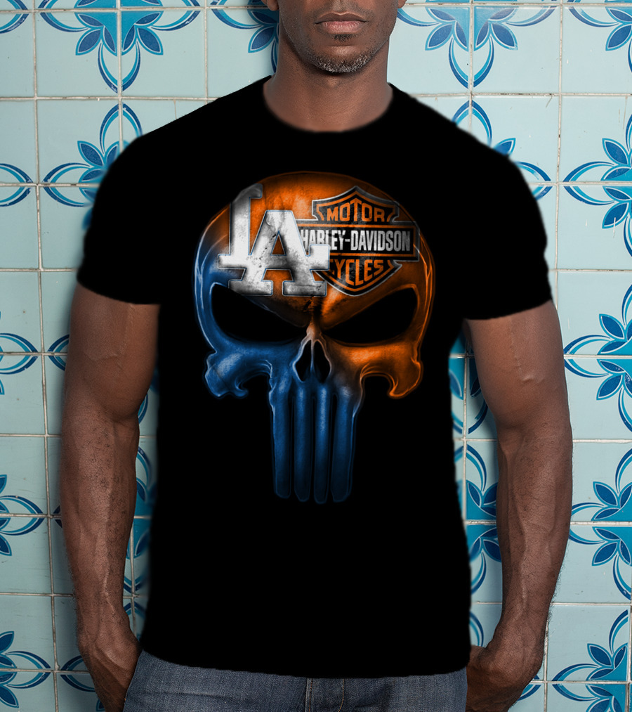 Los Angeles Dodgers Harley Davidson Biker Skull T-Shirt