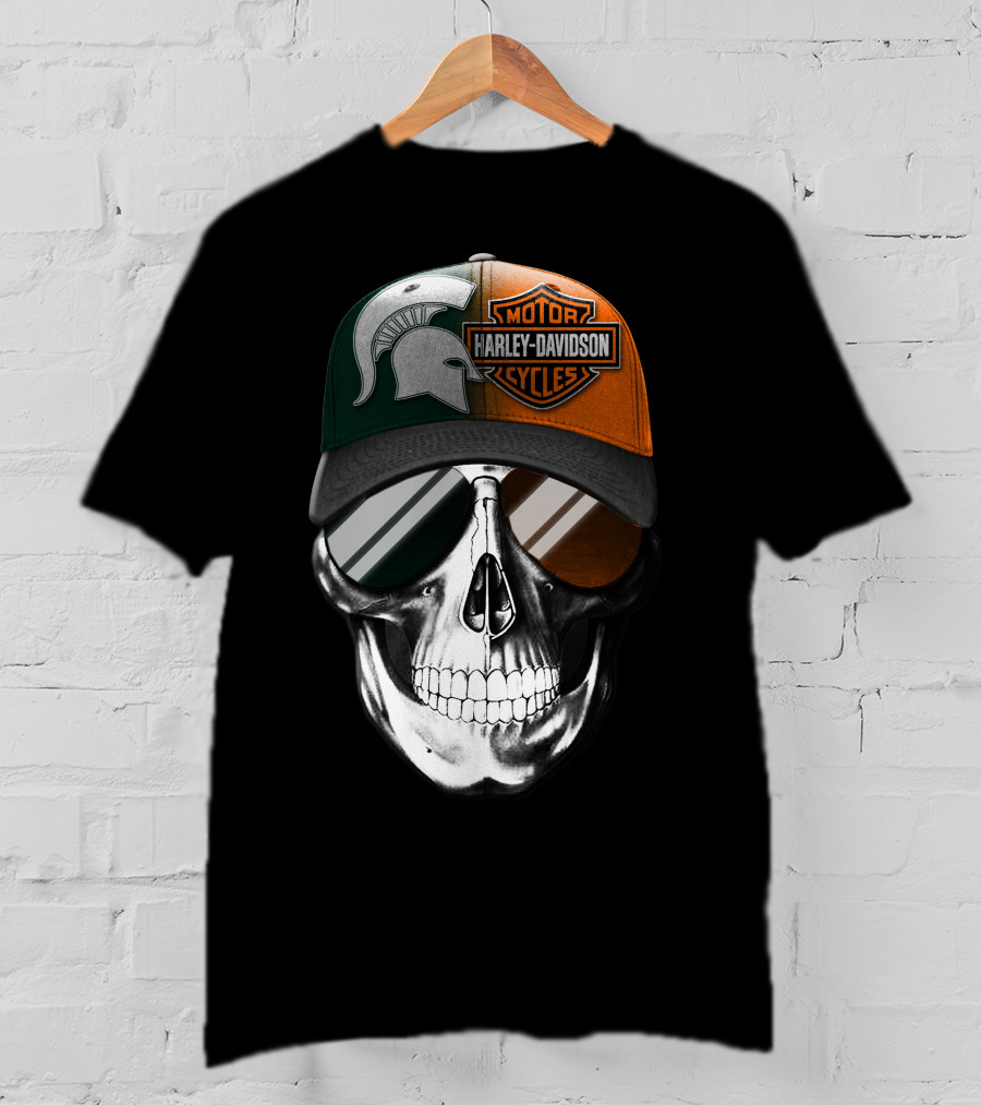Skull With Michigan State Spartan And Harley Davidson Motorcycles Cap T-Shirt