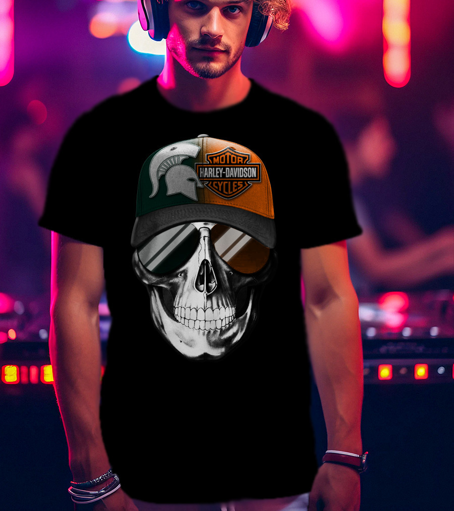 Skull With Michigan State Spartan And Harley Davidson Motorcycles Cap T-Shirt