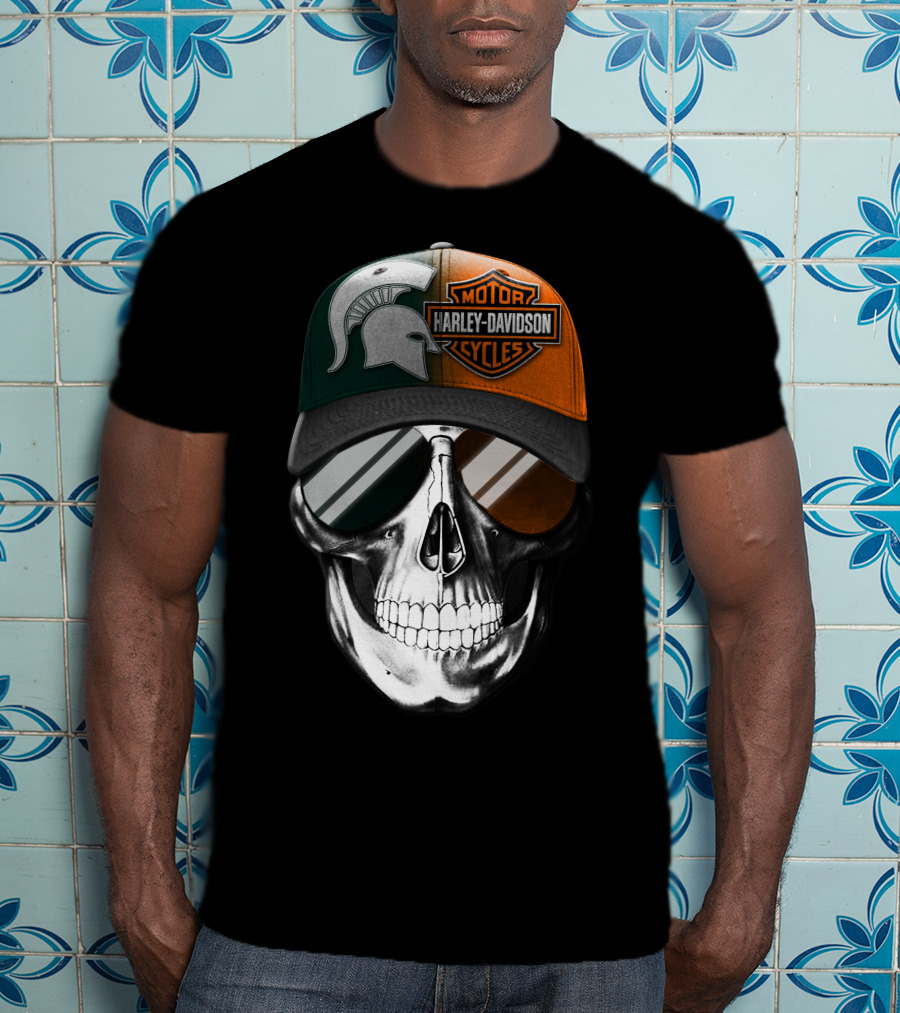 Skull With Michigan State Spartan And Harley Davidson Motorcycles Cap T-Shirt