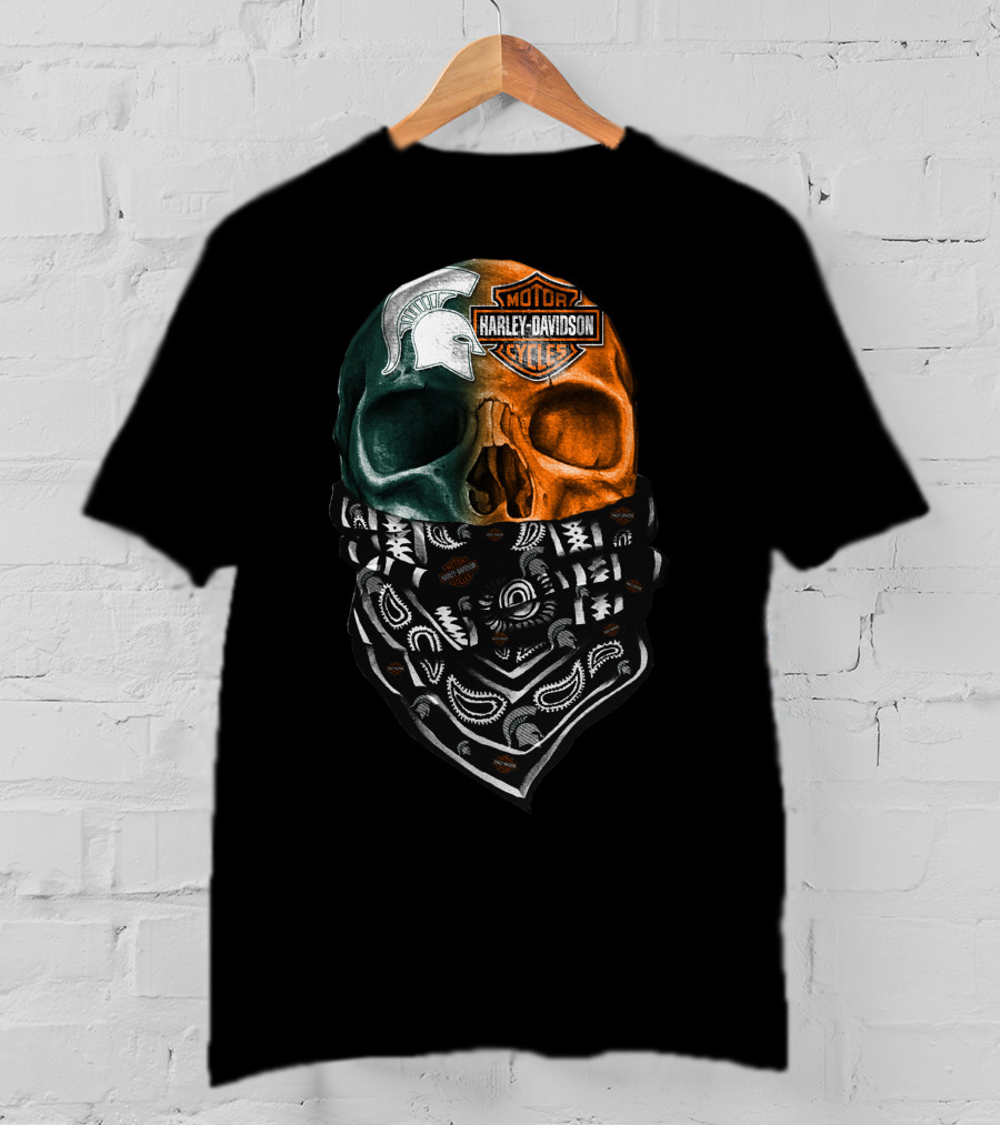 Harley Davidson Skull With Michigan State Spartans Bandana T-Shirt