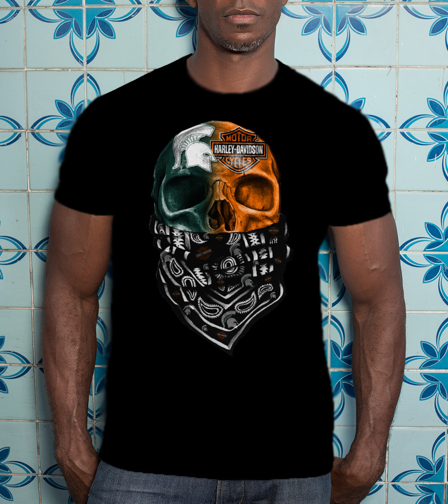 Harley Davidson Skull With Michigan State Spartans Bandana T-Shirt