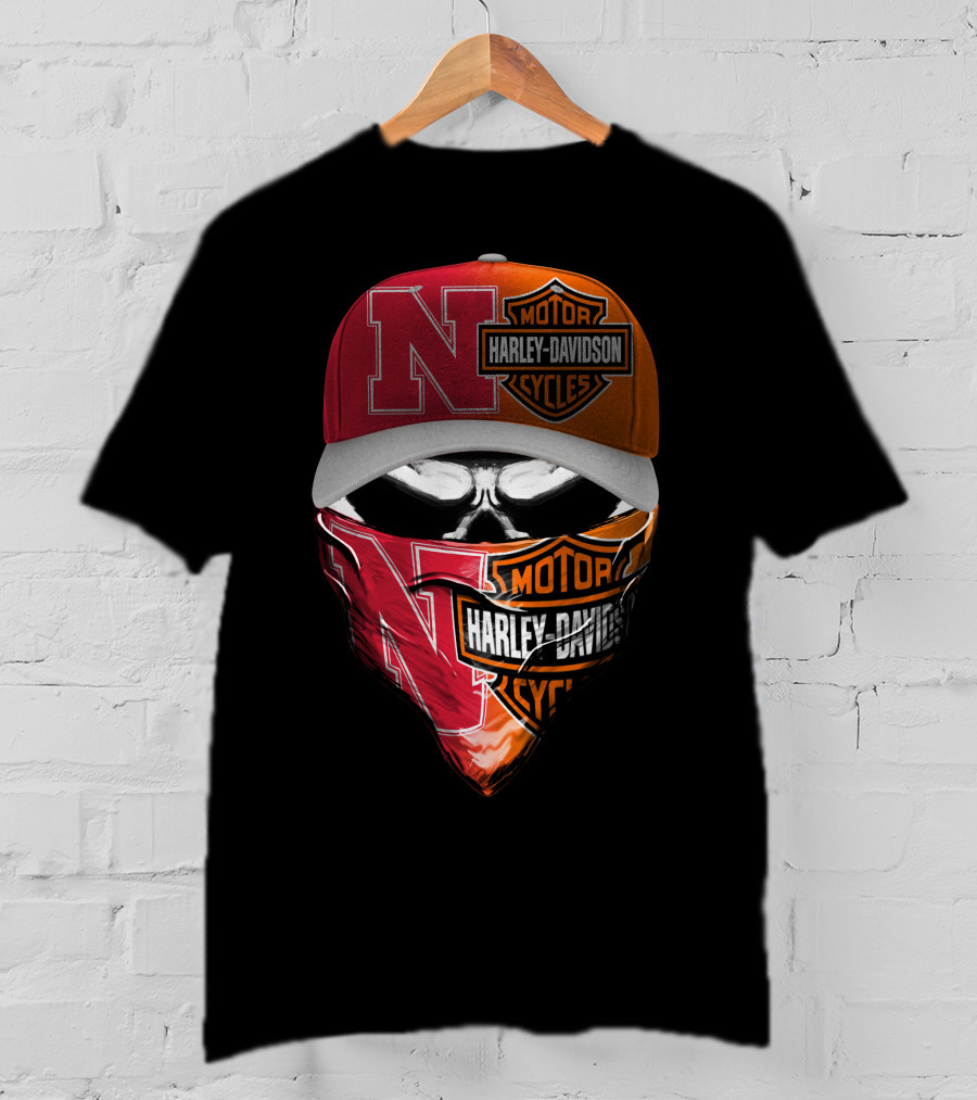 Nebraska Cornhuskers And Harley Davidson Cycles Skull Face Mask Hat Combo T-Shirt