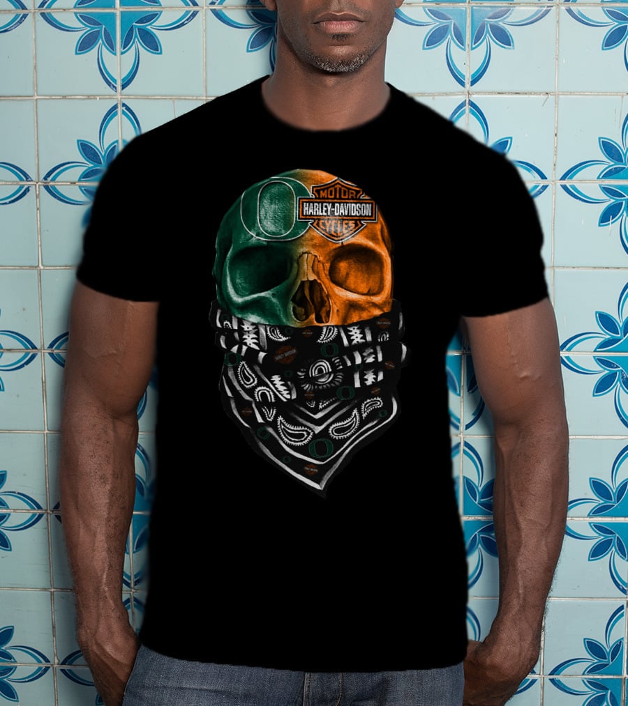 Harley Davidson Motorcycles Dual-Tone Skull With Bandana And Logos T-Shirt