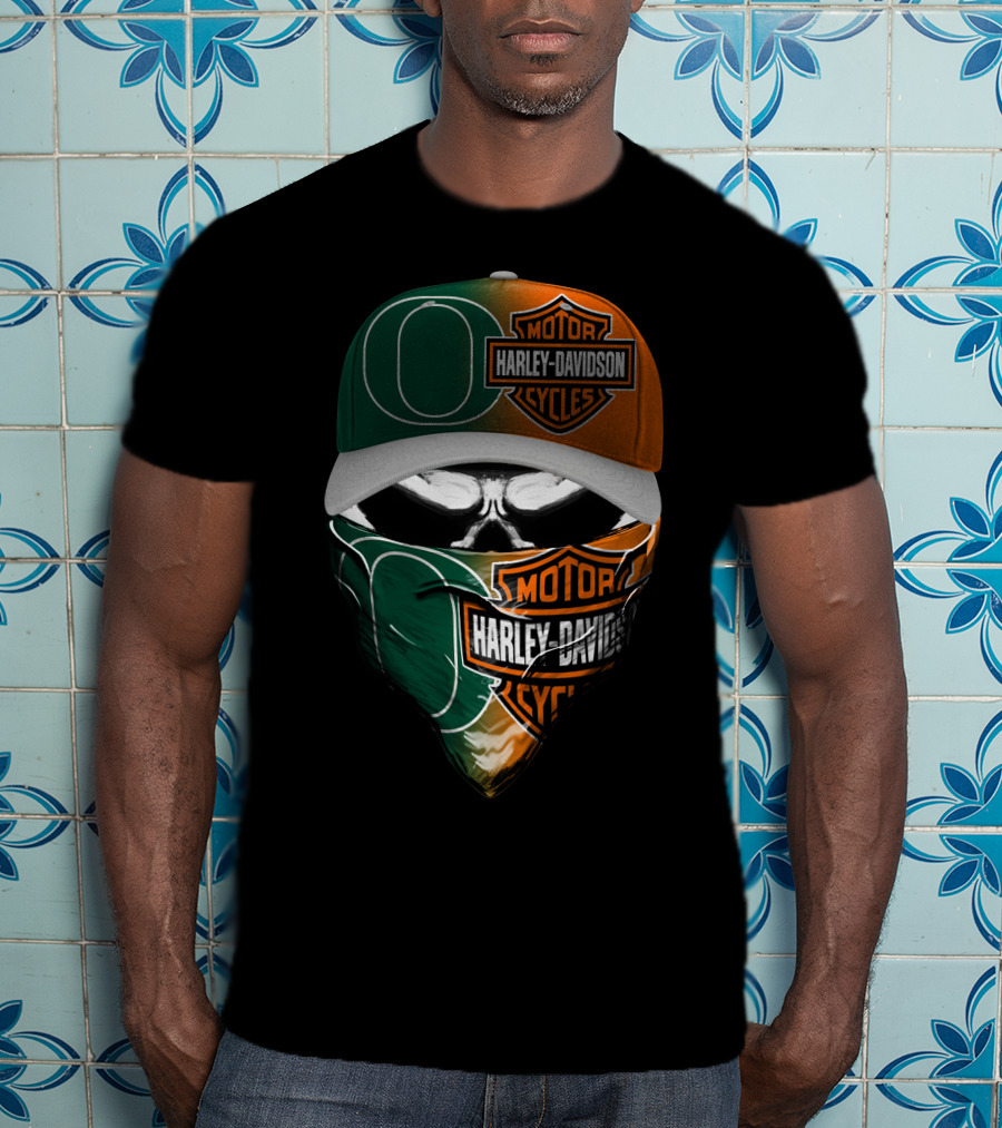 Oregon Ducks Harley Davidson Mask And Cap Skull T-Shirt