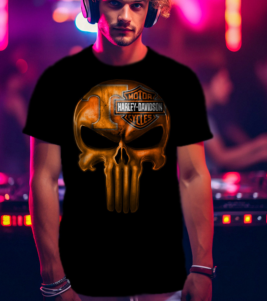 Orange T Skull Harley Davidson Motor Cycles T-Shirt