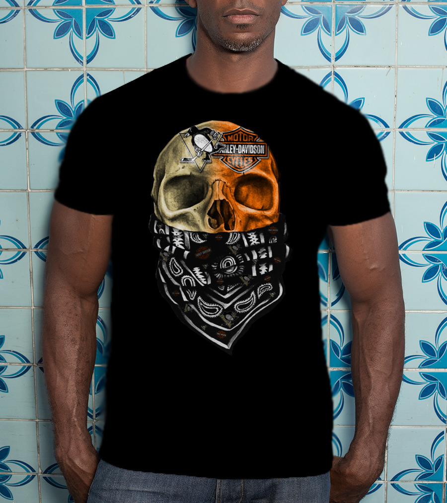 Penguins And Harley Davidson Skull Bandana T-Shirt