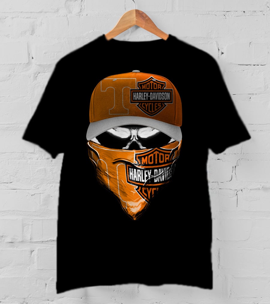 Harley Davidson Motorcycles Skull With Tennessee Volunteers Cap And Bandana T-Shirt