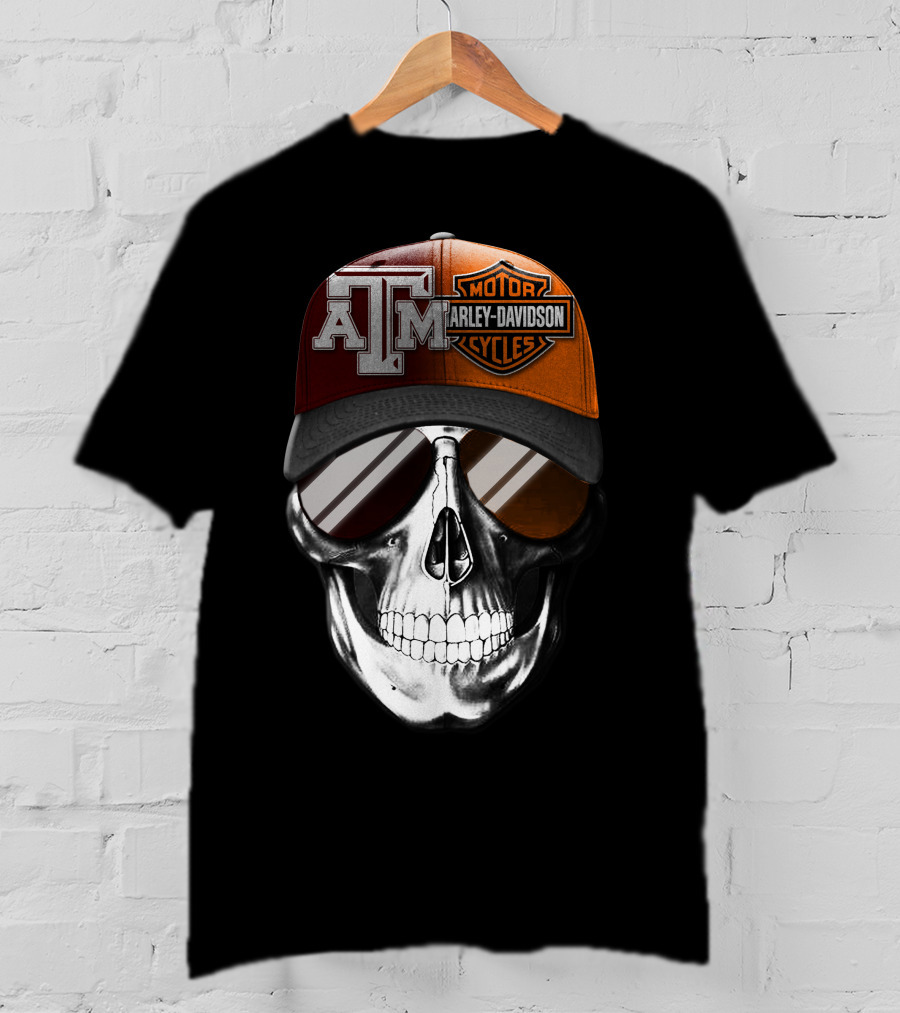 Texas A&M Harley Davidson Skull Hat With Sunglasses T-Shirt