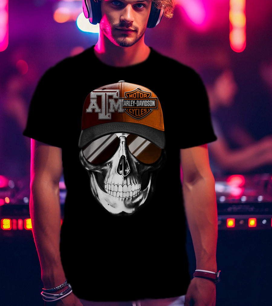 Texas A&M Harley Davidson Skull Hat With Sunglasses T-Shirt