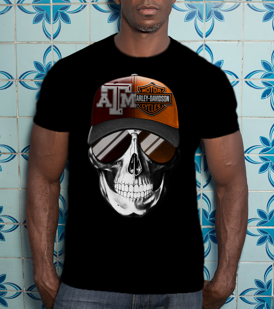 Texas A&M Harley Davidson Skull Hat With Sunglasses T-Shirt