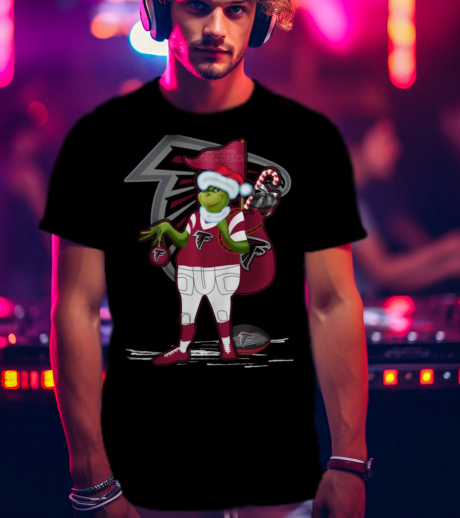 Grinch Santa Atlanta Falcons Holiday Football Fan Festive Green Character T-Shirt
