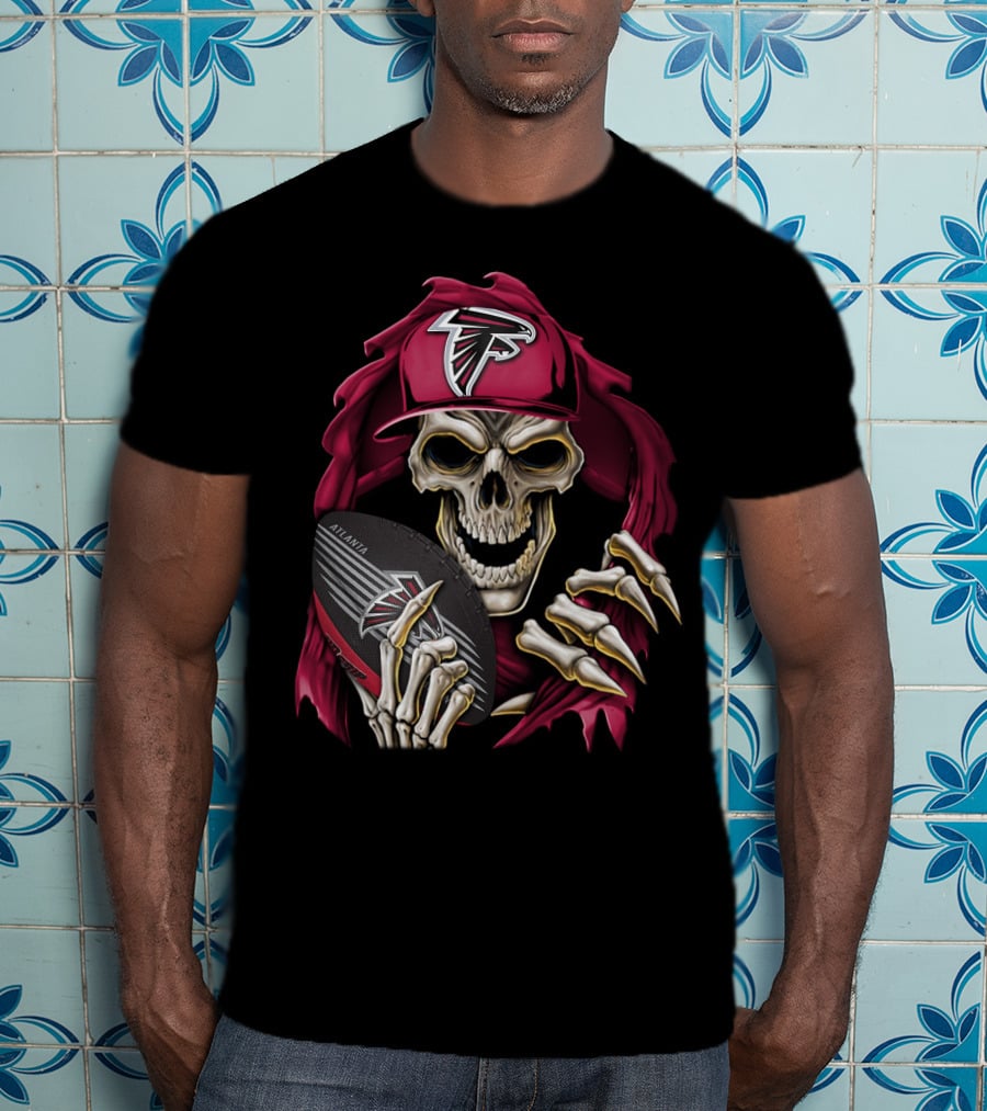 Skullbong Atlanta Falcons Skeleton With Cap Holding Football T-Shirt