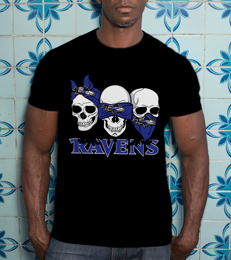 Baltimore Ravens Three Skulls Bandana Logo Ravens T-Shirt