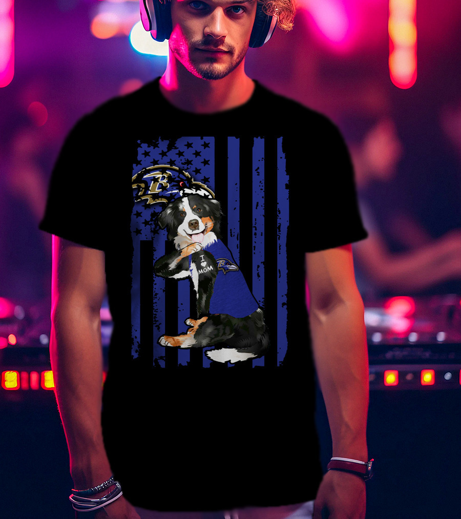 Border Collie I Love Mom Baltimore Ravens Flag T-Shirt